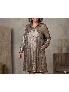 AVA & VIV Women's Bronze Shimmering Metallic Button Up Midi Shirt Dress Size 2X